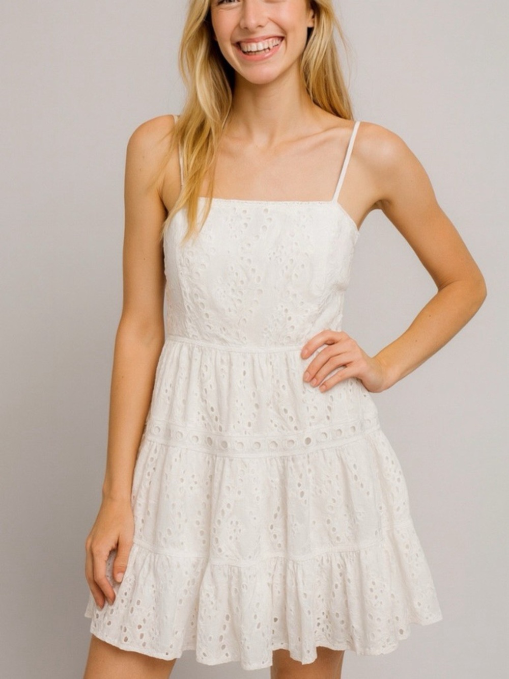 Sim & Sam White Eyelet Tiered Mini Dress with Smocked Bodice size Small